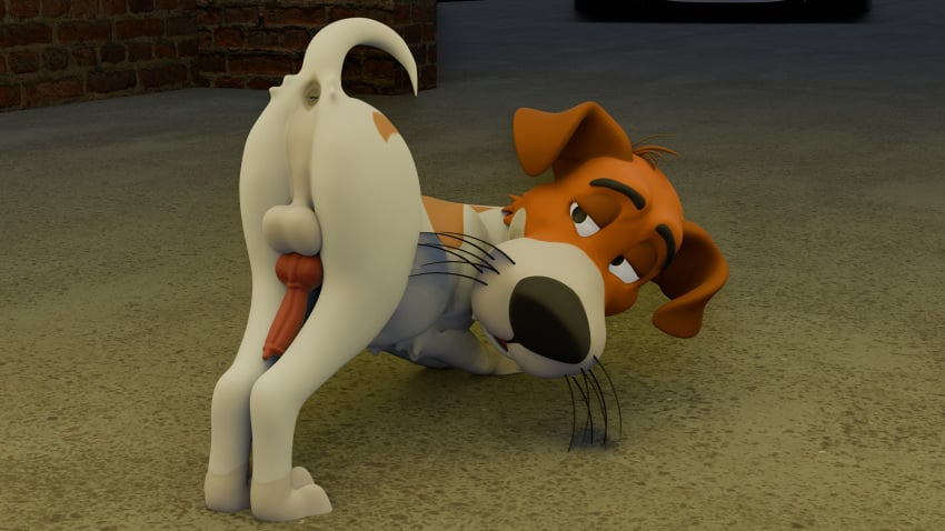 3d_(artwork) absurd_res animal_genitalia animal_penis anus balls bent_over canid canine canine_genitalia canine_penis canis digital_media_(artwork) disney dodger_(disney) domestic_dog feral genitals half-closed_eyes hi_res male mammal narrowed_eyes oliver_and_company penis redneck_redoubt solo