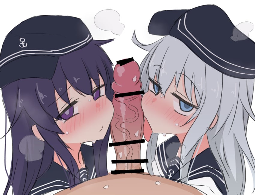 1boy 2girls akatsuki_(kantai_collection) ame_(amechan17391739) blue_eyes blush cheek_press cooperative_fellatio fellatio female hibiki_(kantai_collection) kantai_collection licking licking_penis long_hair male male/female multiple_girls oral penis penis_on_face purple_eyes purple_hair school_uniform serafuku simple_background tongue tongue_out white_background white_hair