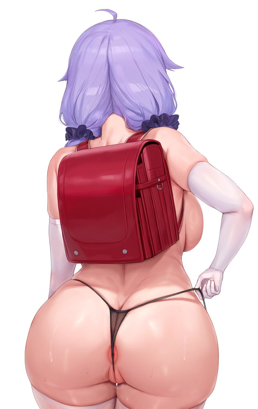 1girls ahoge anus anus_peek ass ass_focus azur_lane back_view breasts elbow_gloves erufura facing_away female from_behind gloves highres huge_ass light-skinned_female light_skin long_hair low_twintails purple_hair royal_navy_(azur_lane) sideboob solo thong twintails unicorn_(azur_lane) white_background white_gloves