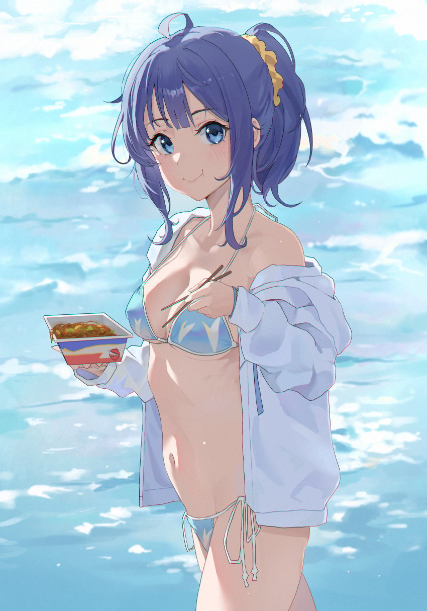 ahoge bare_belly bare_legs bare_shoulders bare_thighs beach belly_button bikini blue_bikini blue_eyes blue_hair blush breasts chopsticks cleavage closed_mouth collarbone eating hair_ornament halterneck high_ponytail huan_gogo jacket jacket_over_swimsuit make_heroine_ga_oo_sugiru! medium_breasts ocean outdoors ponytail shirt_down side-tie_bikini_bottom string_bikini thighs water yanami_anna