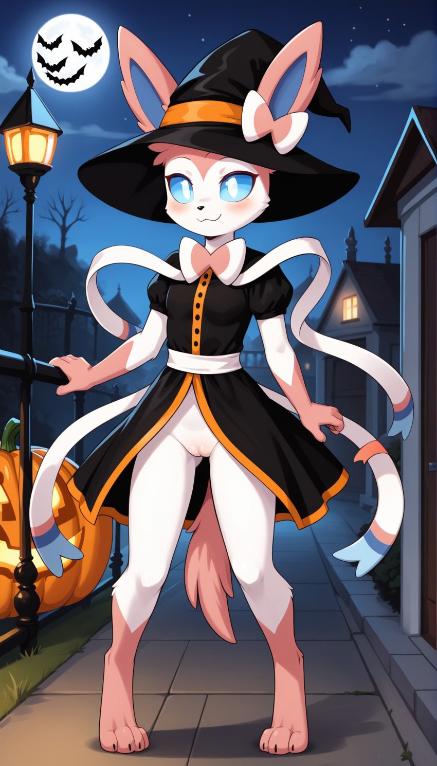 1girls 2024 ai_generated anthro bats blue_eyes blushing bottomless bottomless_female cute digitigrade eeveelution female female_only generation_6_pokemon halloween halloween_costume hand_on_fence hi_res innie_pussy jack-o'-lantern lamppost looking_at_viewer mist moon neighborhood night nintendo outdoors pink_fur pokemon pokemon_(species) public_exposure pussy smaller_female smile sylveon white_fur witch_hat