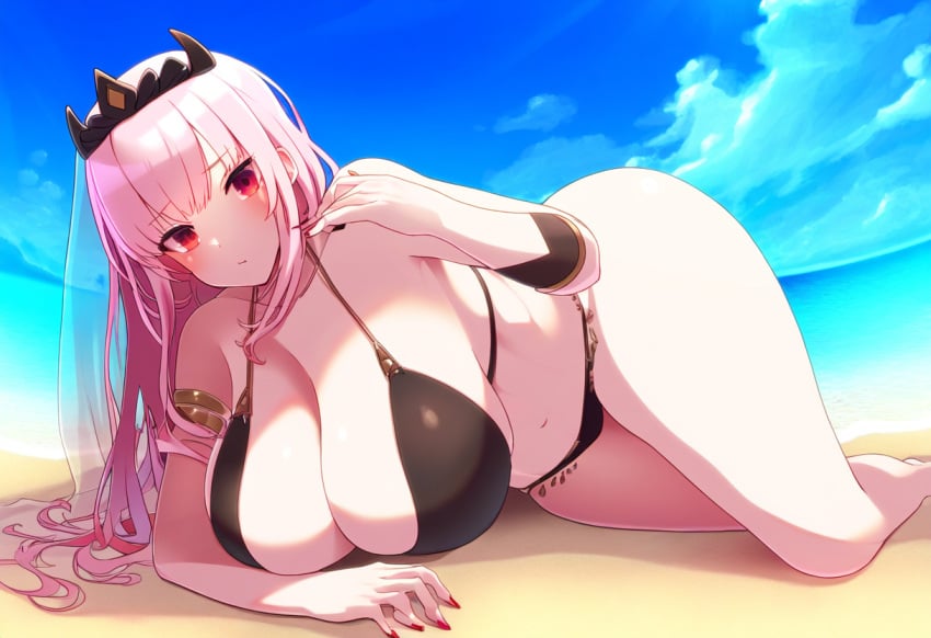 absurd_res ai_generated anthro beach big_breasts bikini bikini_pull breasts cleavage clothed clothing colored_nails day detailed_background female hair hellsonger hi_res hololive hololive_english huge_breasts long_hair looking_at_viewer lying mammal mori_calliope nails on_side outside pink_hair red_eyes sand seaside sky solo swimwear swimwear_pull thick_thighs virtual_youtuber water wide_hips