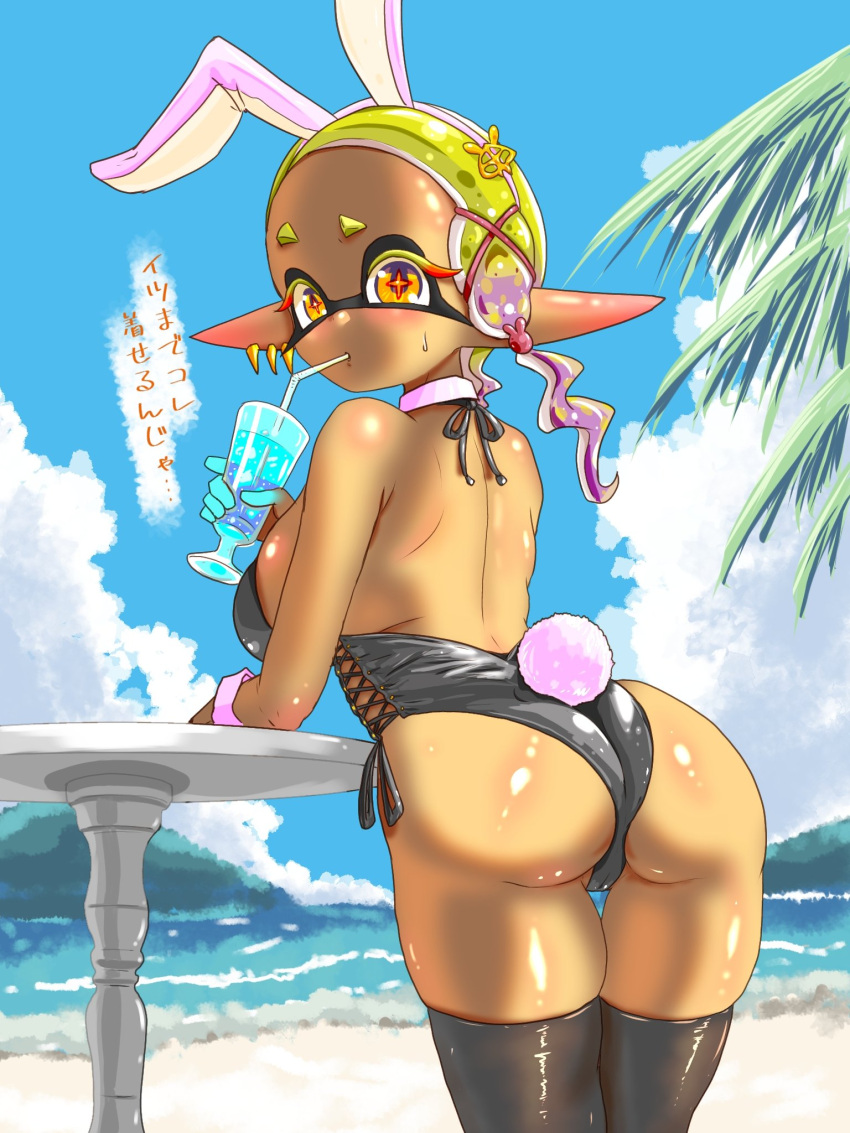 1girls ass ass_focus beach big_ass big_breasts bunny_ears bunny_tail bunnysuit dark-skinned_female detached_collar detached_sleeves detailed_background drinking ear_piercing fake_animal_ears from_behind frye_(splatoon) glass hairclip holding_object japanese_text looking_at_viewer looking_back multicolored_hair palm_tree pointy_ears purple_hair sideboob solo splatoon splatoon_3 straw sweat sweatdrop t2ukmyjm table thick_thighs thighhighs thighs two-tone_hair yellow_eyes yellow_hair