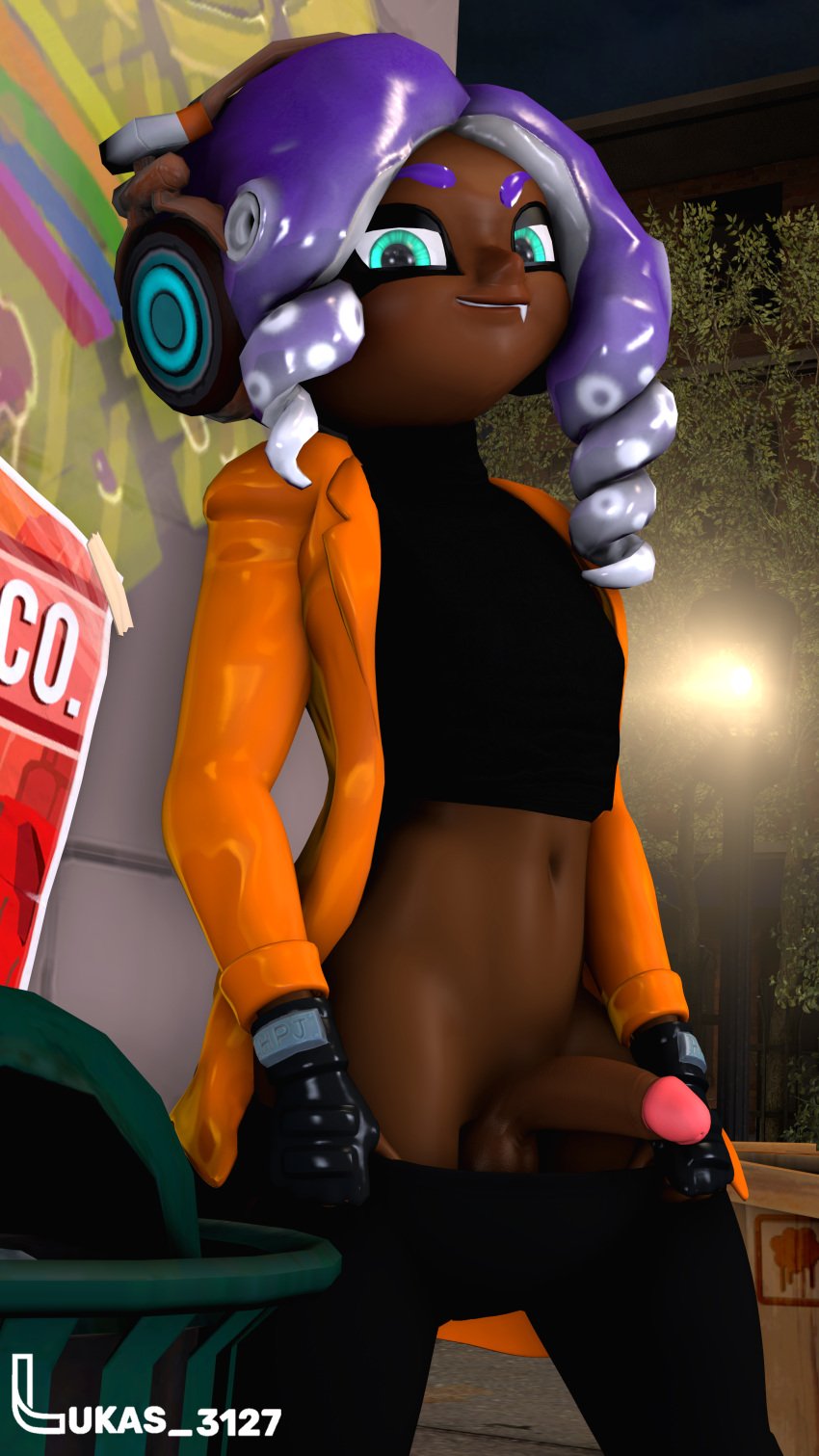 3d alley big_penis crossdressing dark-skinned_femboy dark-skinned_male dark_skin femboy headphones lukas_3127 male male_focus male_only no_humans non-human non-human_only octoling octoling_boy penis purple_hair self_upload showing_off solo solo_male source_filmmaker splatoon tentacle_hair