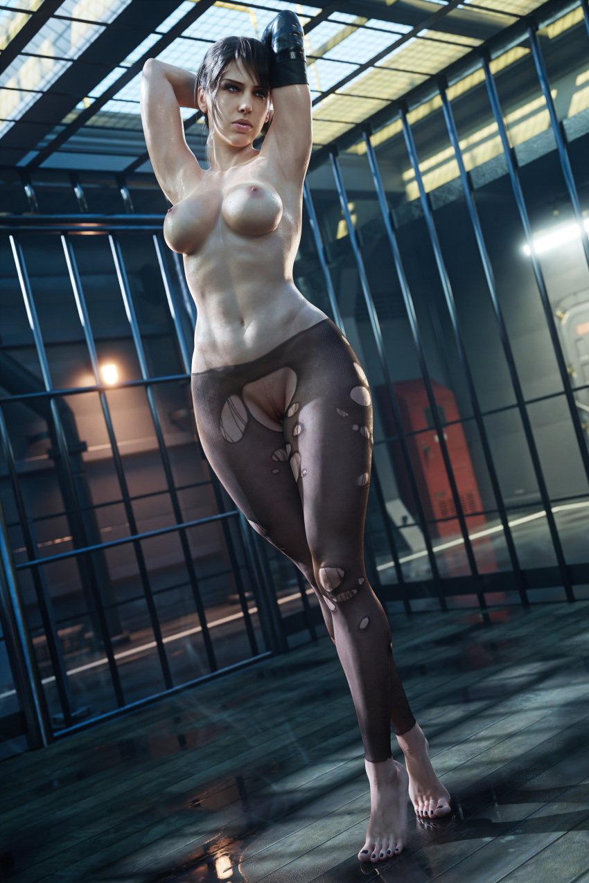 1female 1girls abs big_breasts cell female fit_female metal_gear metal_gear_solid naked naked_female pubic_hair quiet_(metal_gear) realistic solo standing stockings strauzek