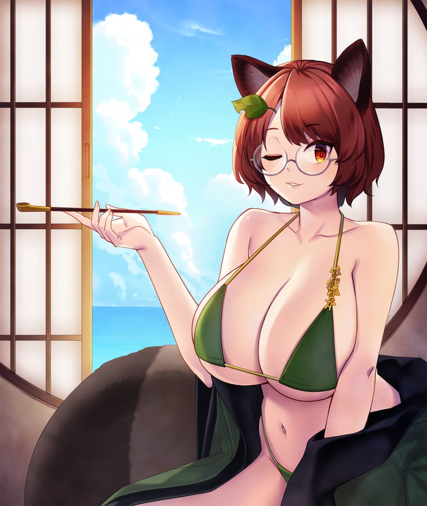 animal_ear_fluff animal_ears bikini blue_sky breasts brown_eyes brown_hair cleavage cloud commentary_request cowboy_shot day female glasses green_bikini grey-framed_eyewear grin highres holding holding_smoking_pipe huge_breasts indoors kiseru leaf leaf_on_head looking_at_viewer mamizou_futatsuiwa medium_bangs one_eye_closed raccoon_ears raccoon_girl raccoon_tail round_eyewear short_hair shouji sky sliding_doors smile smoking_pipe solo swimsuit tail tarmo touhou