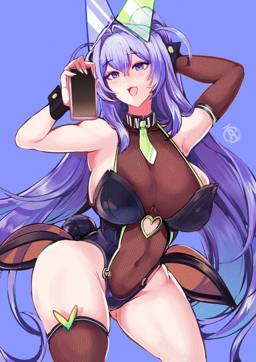 1girls alternate_costume azur_lane blue_eyes blue_hair breasts bunny_ears bunny_girl bunnysuit eagle_union_(azur_lane) female female_only light-skinned_female light_skin long_hair new_jersey_(azur_lane) phone revolverwingstudios smartphone solo thick_thighs thighs wide_hips