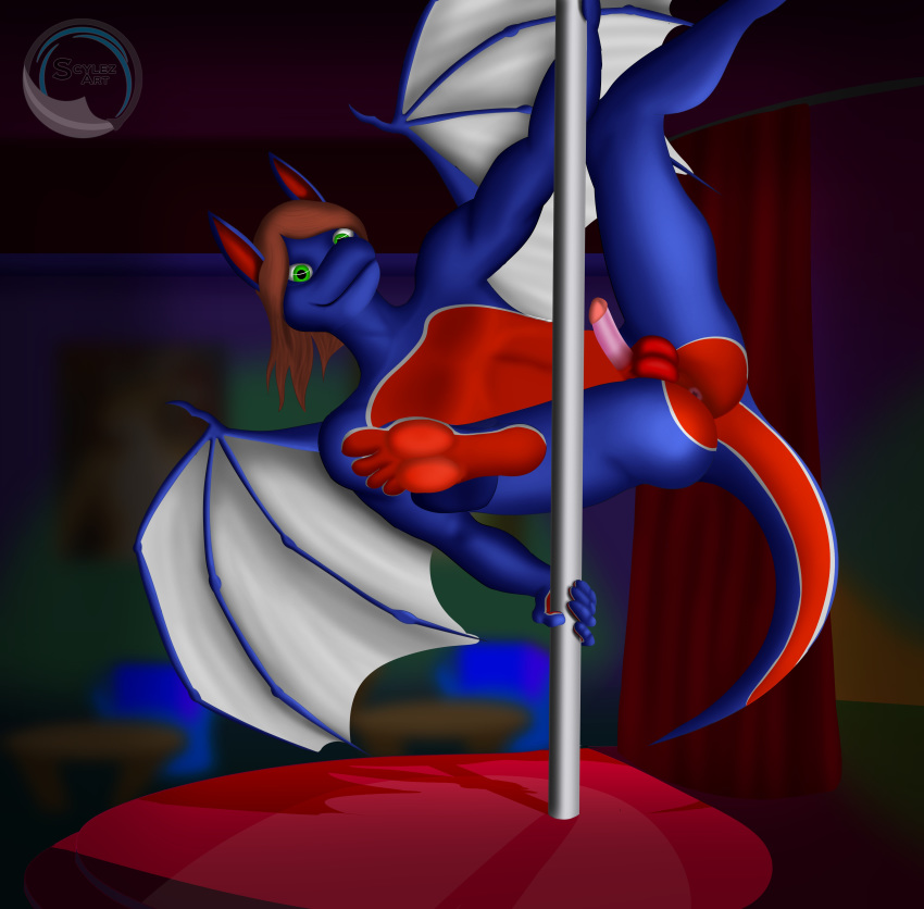 2018 anthro ass balls dancing digital_media_(artwork) dragon erection male male_only nude pawpads paws penis pole pole_dancing public scalie scylez_art smile solo stripper stripper_pole toes wings