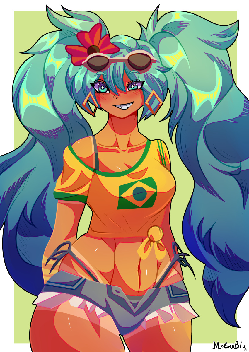 1girls bikini brazil brazilian brazilian_female brazilian_flag brazilian_miku clothed cropped_shirt cute earrings female glasses hatsune_miku jewelry latin_american_hatsune_miku_(meme) latina mrguiblu short_shorts smile sunglasses sunglasses_on_head tan_lines tan_skin tanned tanned_skin thick_thighs vocaloid