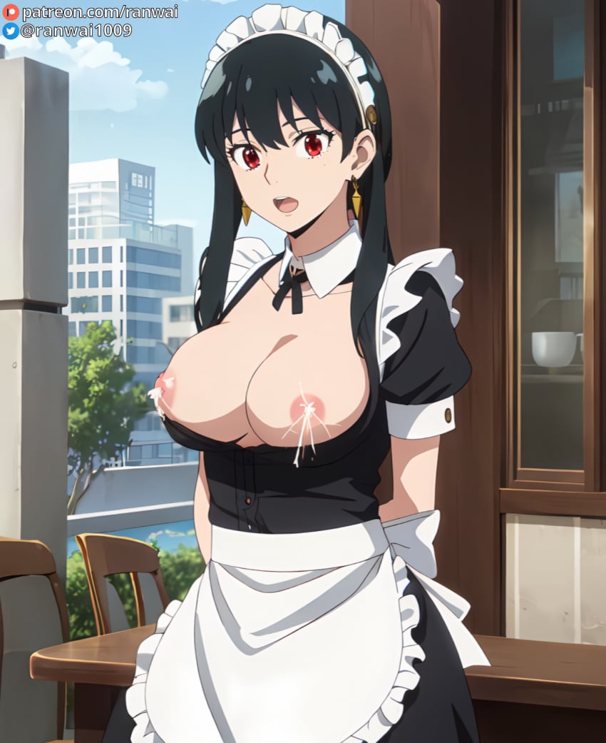 ai_generated apron areolae arms_behind_back bangs black_dress black_hair blush breasts breasts_out_of_clothes building cityscape clothing day detached_collar dress earrings enmaided exposed_breasts female female female_only gold_earrings hairband headdress headwear indoors jewelry lactation large_breasts long_hair looking_at_viewer maid maid_apron maid_headdress nipples open_mouth outdoors ranwai red_eyes short_sleeves sidelocks sky solo spy_x_family stable_diffusion tree uniform waist_apron white_apron window yor_briar yor_forger