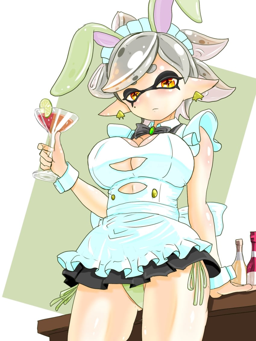 alternate_breast_size apron big_breasts bowtie bunny_ears detached_sleeves earrings fake_animal_ears frilled_apron frills from_below green_panties holding_object holding_wine_glass light-skinned_female maid maid_headdress maid_uniform marie_(splatoon) orange_eyes panties pantyshot pantyshot_(standing) short_hair short_skirt side-tie_panties splatoon standing t2ukmyjm table tentacle_hair torn_clothes upskirt