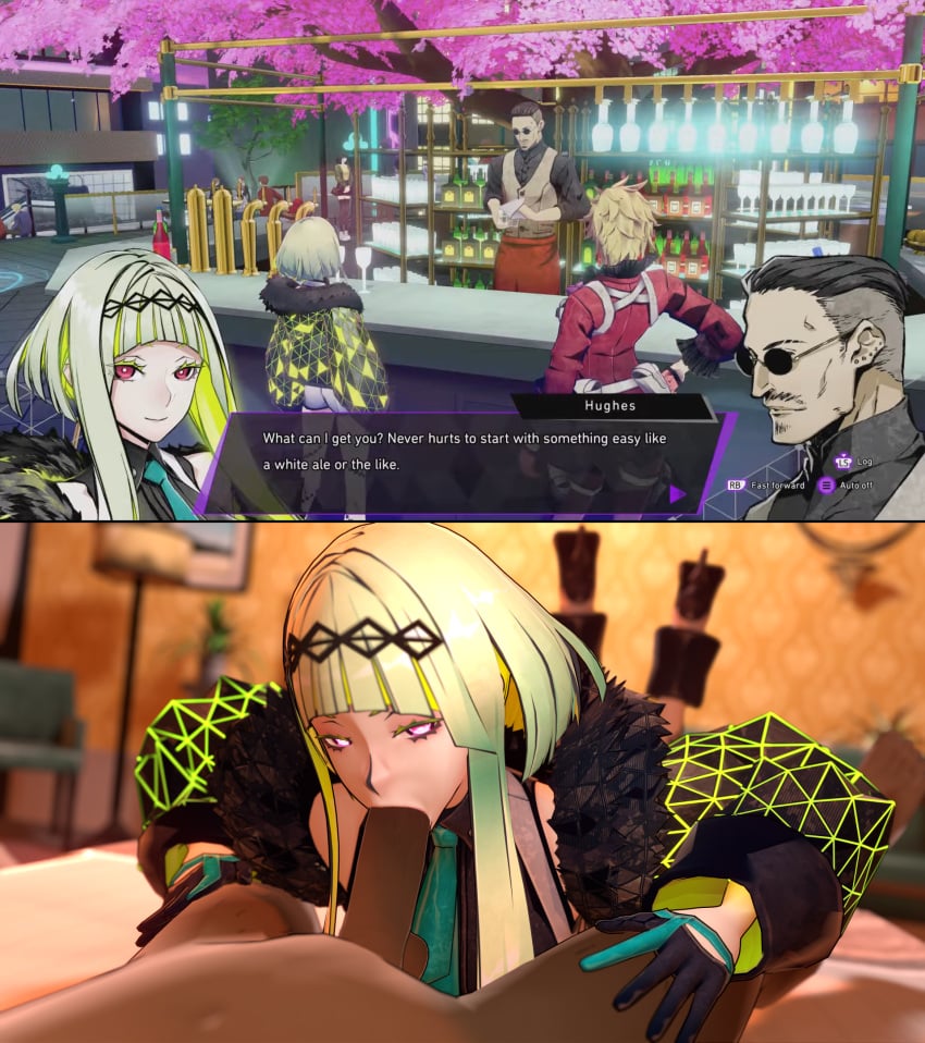 2koma 3d 3rd_party_edit atlus bedroom bedroom_eyes big_penis blender blowjob clothed clothed_female_nude_male clothed_sex clothing coombrain2 cumskeleton dark-skinned_male dark_skin edit female gloves glowing_eyes green_hair gynoid handwear headwear heels hughes_(soul_hackers) human humanoid jacket light-skinned_female looking_at_viewer machine male megami_tensei on_bed oral outerwear pale_skin pov ringo_(soul_hackers) robot shin_megami_tensei shoes soul_hackers soul_hackers_2