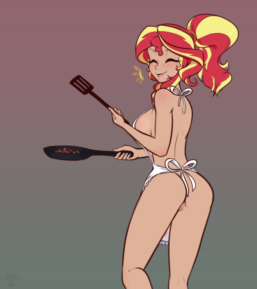 1girls apron ass back_view bacon breasts casual closed_eyes clothing cooking dark_skin equestria_girls female female_only friendship_is_magic gradient_background hasbro human human_only humanized large_breasts legs mostly_nude multicolored_hair my_little_pony naked_apron outerwear ponytail pussy red_hair scorpdk sideboob smile smiling solo standing sunset_shimmer thighs two_tone_hair