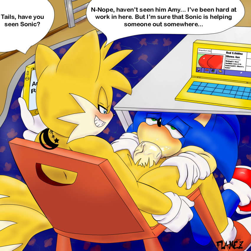 big_penis blowjob blowjob_face computer electronics exposed_torso flamez footwear gay handwear humanoid laptop male midnightmuser miles_prower oral penis phone pleasure_face pubic_hair smug sonic_(series) sonic_the_hedgehog tails under_the_table