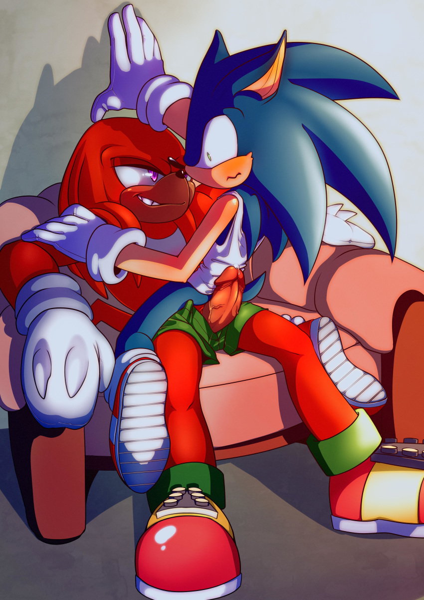 2boys erection gay knuckles_the_echidna kukkiisart male male_only penis precum shocked sitting_on_lap sonic_(series) sonic_the_hedgehog sonknux yaoi