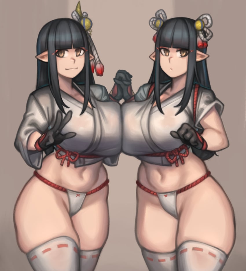 2girls absurd_res bangs belly black_gloves black_hair blunt_bangs breasts brown_eyes eyeliner female fewer_digits four_fingers gloves hair_ornament hi_res hinoa holding_hands huge_breasts kelvin_hiu legs_together looking_at_viewer makeup minoto monster_hunter monster_hunter_rise multiple_girls navel no_pants pointed_ears red_rope rope short_sleeves siblings sisters standing straight_hair symmetrical_docking thick_thighs thighhighs thighs twins underwear v white_legwear wyverian