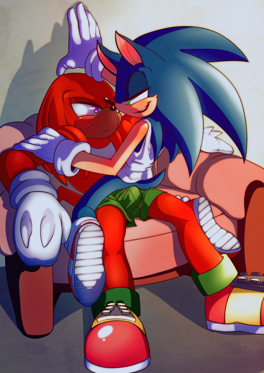 2boys boxers bulge erection erection_under_clothes gay knuckles_the_echidna kukkiisart male male_only sitting_on_lap sonic_(series) sonic_the_hedgehog yaoi