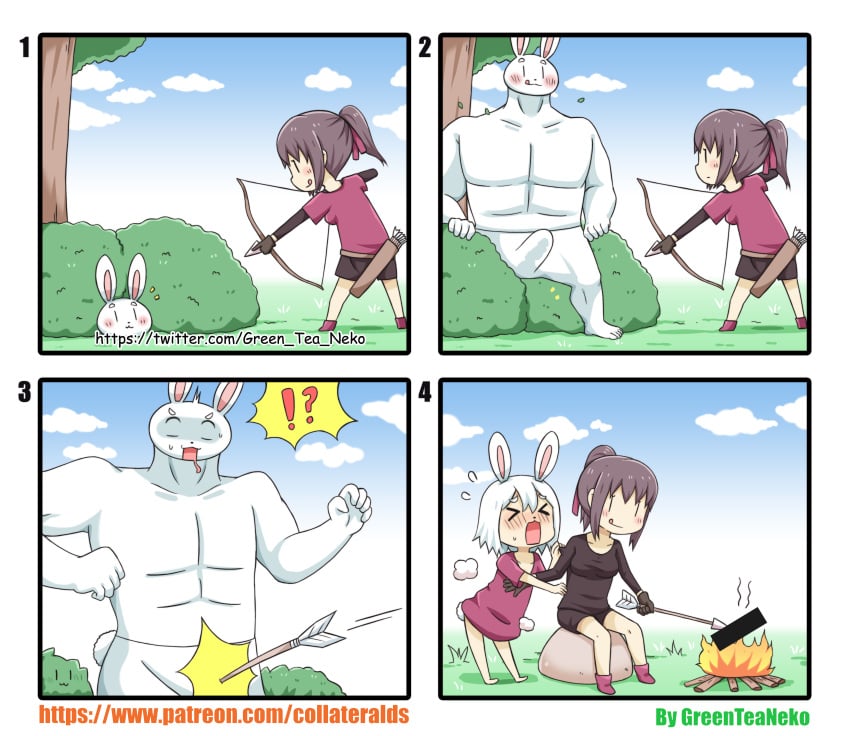 !? >_< 2girls 4koma :q absurdres animal animal_ears arrow artist_name bar_censor black_shirt black_shorts blue_sky blush bow_(weapon) brown_gloves brown_hair bunny bunny_ears bush campfire censored closed_eyes closed_mouth cloud collarbone comedy comic commentary_request day erection feminization fire funny gloves greenteaneko hair_ribbon high_ponytail highres holding holding_bow_(weapon) holding_weapon humor long_hair long_sleeves m2f male_to_female mongirl_4koma multiple_girls open_mouth original outdoors penis ponytail profile purple_footwear purple_ribbon purple_shirt quiver ribbon rock shirt short_over_long_sleeves short_shorts shorts silver_hair sitting sky spoken_interrobang tongue tongue_out tree watermark weapon web_address |_|