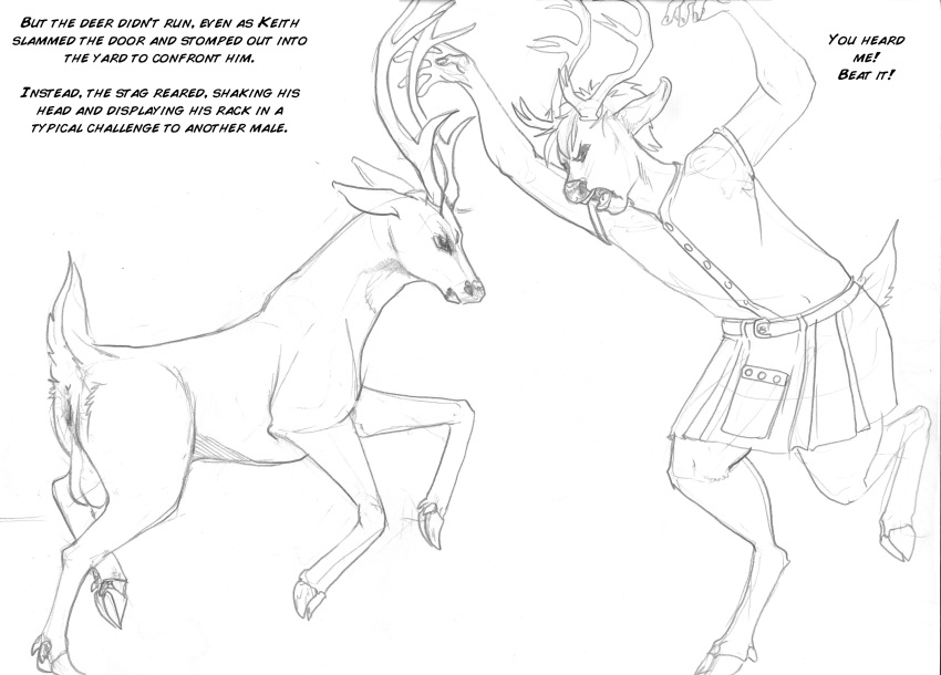 anthro antlers anus arania balls cervine clothed clothing cuntboy dialogue english_text full-package_cuntboy hair herm hermaphrodite hooves horn intersex keith_(tcitw) kilt male maleherm mammal monochrome multi_genitalia nude page_340 penis pussy text the_cabin_in_the_woods_(arania)