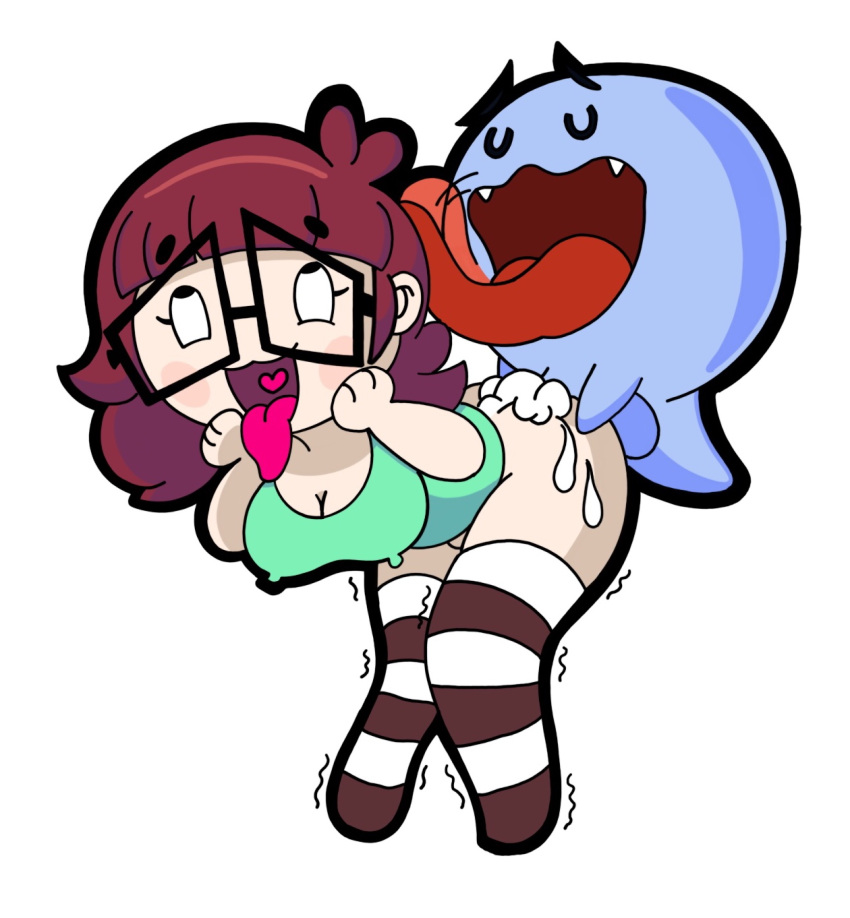 ahe_gao artist_request bent_over bottomless brown_hair cum cum_drip cum_inside cum_on_ass emi_(jaltoid) empty_eyes female ghost glasses jaltoid sex simple_background solo_focus stockings striped_stockings tagme tongue_out unknown_artist