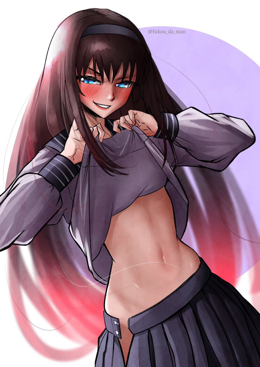 absurdres black_hair blue_eyes blush breasts clothes_lift fukou grey_shirt highres kagetsu_tooya long_skirt long_sleeves looking_at_viewer melty_blood multicolored_hair navel no_panties pointy_chin shirt shirt_lift simple_background skirt small_breasts smug_smile stomach tiara tohno_akiha tsukihime watermark