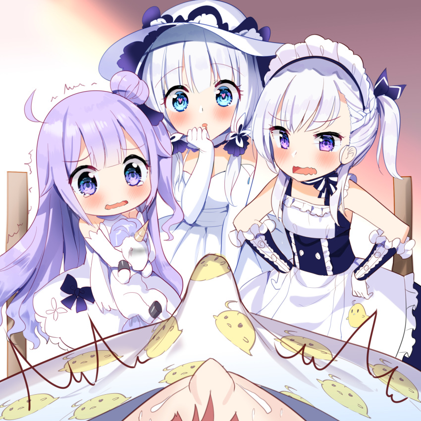 1boy 3girls apron azur_lane bangs bare_shoulders belfast_(azur_lane) black_bow black_ribbon blue_dress blue_eyes blush bow braid brown_hair chibi commentary_request detached_sleeves dress elbow_gloves erection eyebrows_visible_through_hair frilled_apron frills gloves hair_bun hair_ribbon hand_to_own_mouth hands_on_hips heart heart-shaped_pupils highres illustrious_(azur_lane) light-skinned_female light-skinned_male light_skin long_sleeves maid_headdress multiple_girls object_hug one_side_up open_mouth parted_lips purple_eyes purple_hair ribbon royal_navy_(azur_lane) side_bun silver_hair silveroid_(silver15) sleeveless sleeveless_dress stuffed_animal stuffed_pegasus stuffed_toy stuffed_unicorn sweat symbol-shaped_pupils tears trembling unicorn_(azur_lane) waist_apron wavy_mouth white_apron white_dress white_gloves younger