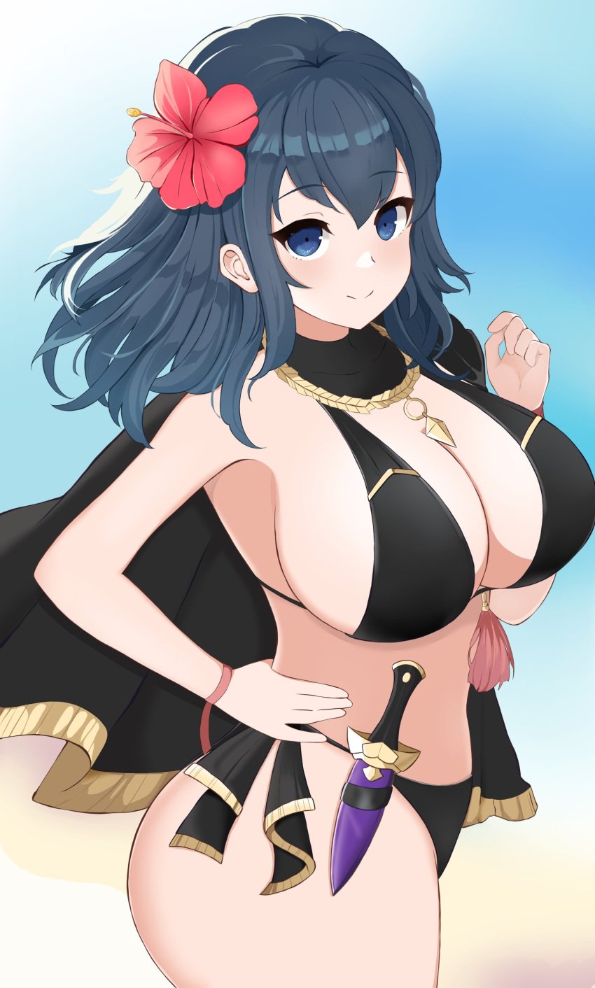 alternate_costume bikini black_bikini black_swimsuit blue_eyes breasts byleth_(female)_(fire_emblem) byleth_(female)_(summer)_(fire_emblem) byleth_(fire_emblem) byleth_(summer)_(fire_emblem)_(female) female fire_emblem fire_emblem:_three_houses fire_emblem_heroes kocha_(jgug7553) nintendo official_alternate_costume swimsuit teal_hair