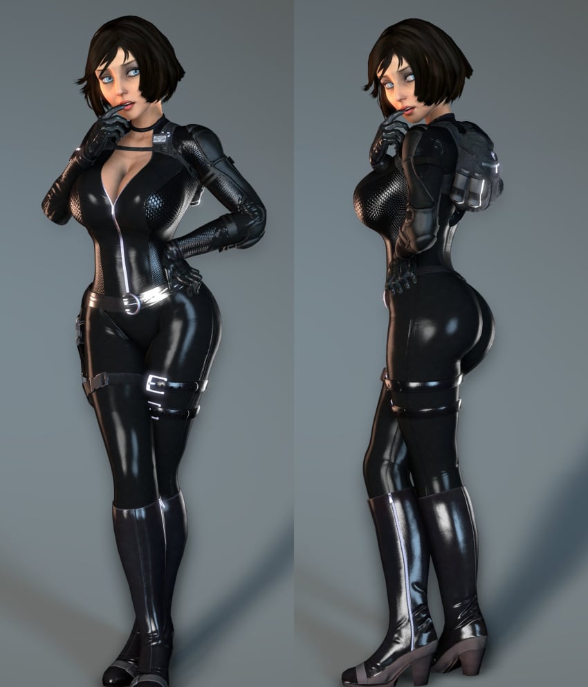 1girls ass bioshock bioshock_infinite black_hair blue_eyes boots catwoman_(cosplay) cleavage elizabeth_comstock female female_only high_heel_boots high_heels latex lordaardvark short_hair source_filmmaker