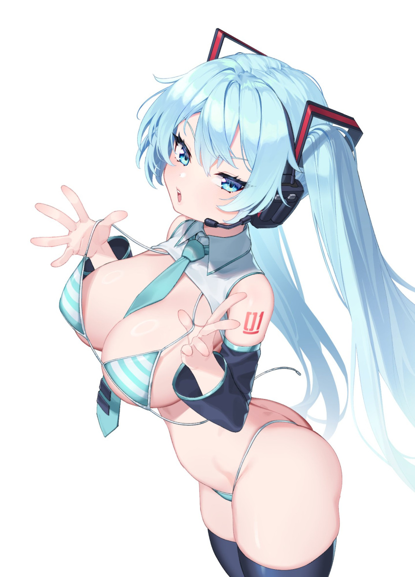 1girls 2024 bikini blue_eyes blue_hair blush breasts cleavage_cutout cyan_eyes cyan_hair female female_only hatsune_miku hatsune_miku_(collared_bikini) headset kamjaking large_breasts light-skinned_female light_skin long_hair looking_at_viewer open_mouth plain_background shirt_collar solo stockings striped_bikini swimsuit tattoo thick_thighs thighhighs tie twintails undressing very_long_hair vocaloid white_background