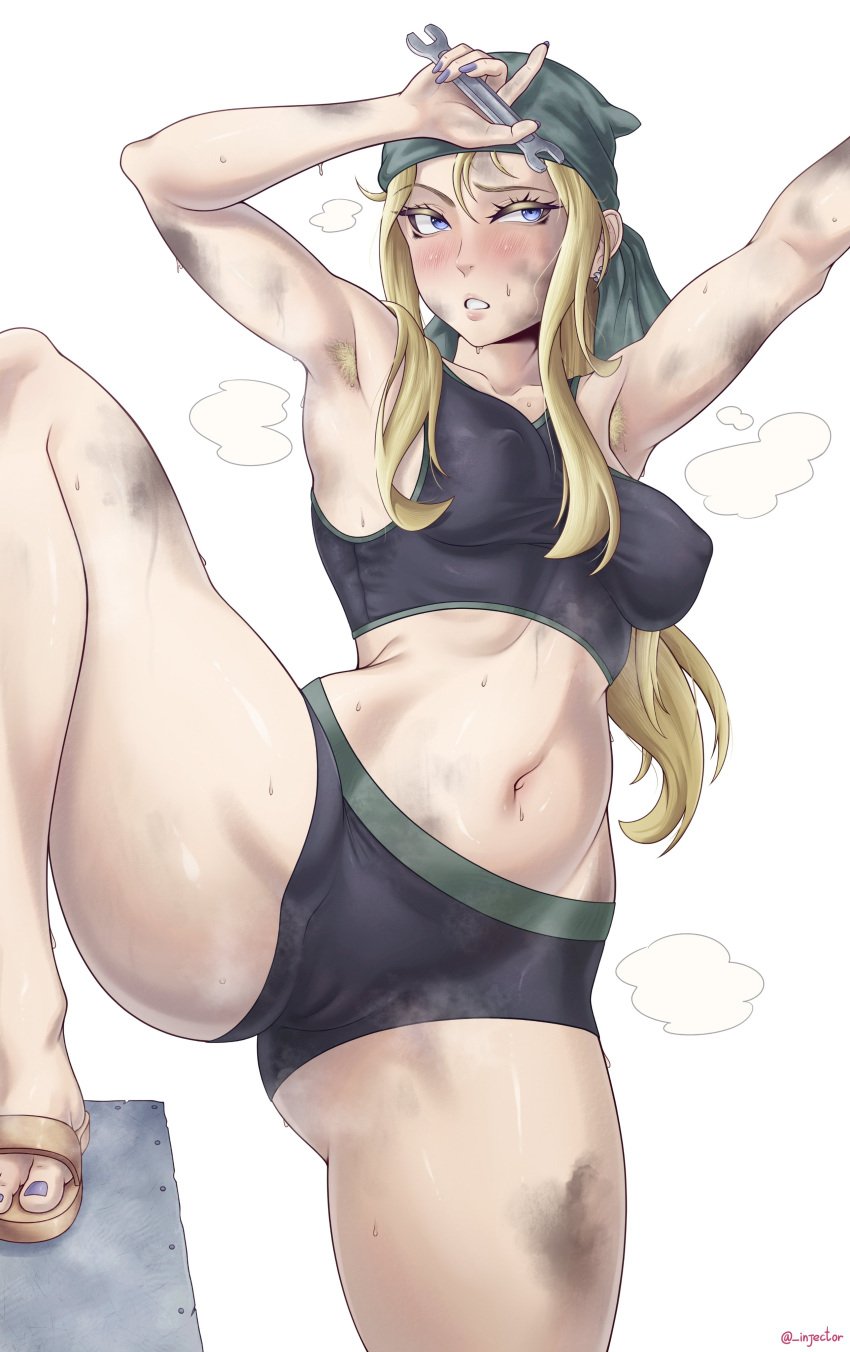 1girls armpit_hair armpits belly belly_button big_breasts blonde_female blonde_hair blue_eyes blush blushing breasts cameltoe dirty dirty_body female female_only fullmetal_alchemist hairy_armpits injector light-skinned_female light_skin mechanic medium_breasts nipple_bulge thick thighs tummy underwear winry_rockbell wrench