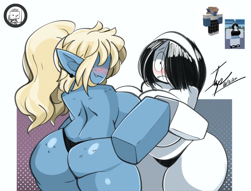 2024 2d 2d_(artwork) 2d_artwork 2girls angrydiaper123 ass back big_ass big_breasts black_hair black_panties blocky_body blonde_hair blue_body blush breasts cartoon cute duo_female female female_only freckles headband long_hair reference_image roblox roblox_avatar robloxian sideboob thick_thighs thighs topless yuri