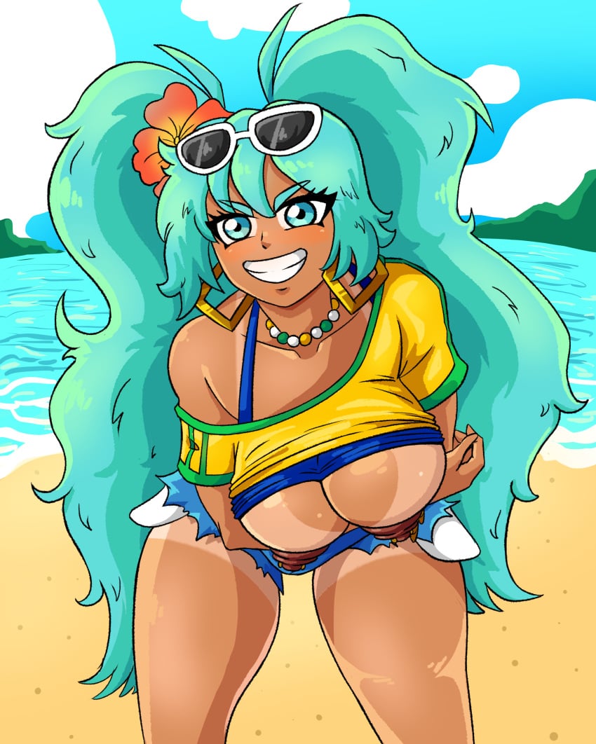 1girls artist_request beach big_breasts blue_eyes blue_hair brazil brazilian brazilian_female brazilian_miku breasts hatsune_miku holding_breast huge_breasts jewelry latin_american_hatsune_miku_(meme) nipple_piercing nipples solo_female superspacewarrior tan_skin tanlines thick_thighs vocaloid