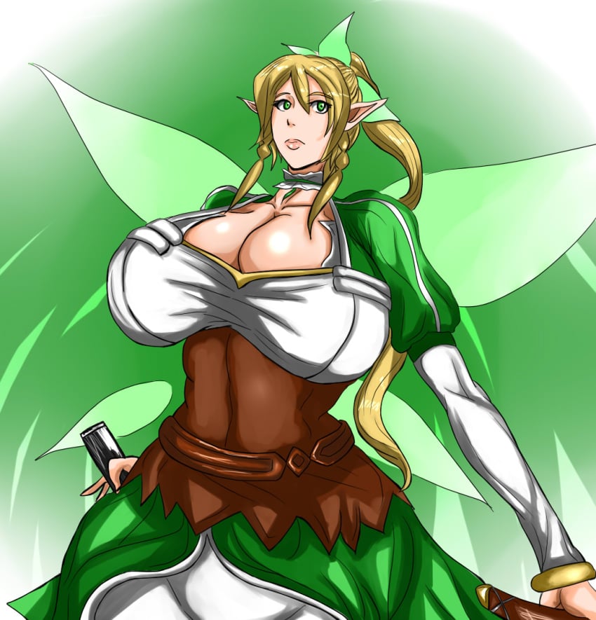 1girls alternate_breast_size bangs belt blonde_hair breasts breasts_bigger_than_head brown_belt choker cleavage closed_mouth detached_wings dress elf_ears fairy fairy_(sao) fairy_wings female female_only gigantic_breasts glowing glowing_wings green_background green_eyes green_wings hair_between_eyes human human_only leafa lips long_ears long_hair long_pointy_ears long_sleeves monochrome_background multi_wing pointy_ears ponytail sidelocks solo spread_wings sword_art_online sword_art_online:_fairy_dance teenage_girl teenager tsuyomayo upper_body white_choker