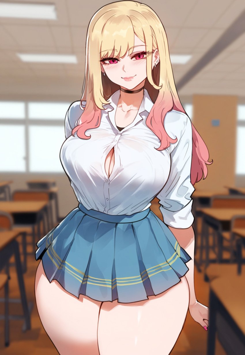 1girls ai_generated bangs black_choker blonde_hair blue_skirt blurry blush breasts button_gap chair chalkboard choker classroom cleavage closed_mouth clothing collared_shirt colored_tips curvaceous curvaceous_female curvaceous_figure curvy curvy_figure desk dress_shirt ear_piercing earrings female female_focus female_only gradient_hair gyaru indoors inviting inviting_to_sex jewelry kitagawa_marin large_breasts lips long_hair looking_at_viewer miyuai multicolored_hair nail_polish piercing pink_eyes pink_hair pink_nails pleated_skirt red_eyes school_desk school_uniform seductive seductive_look seductive_smile shiny_skin shirt shirt_tucked_in skirt sleeves_rolled_up smile solo sono_bisque_doll_wa_koi_wo_suru standing thick_thighs thighs thighs_together uncensored uniform voluptuous voluptuous_female white_shirt wide_hips