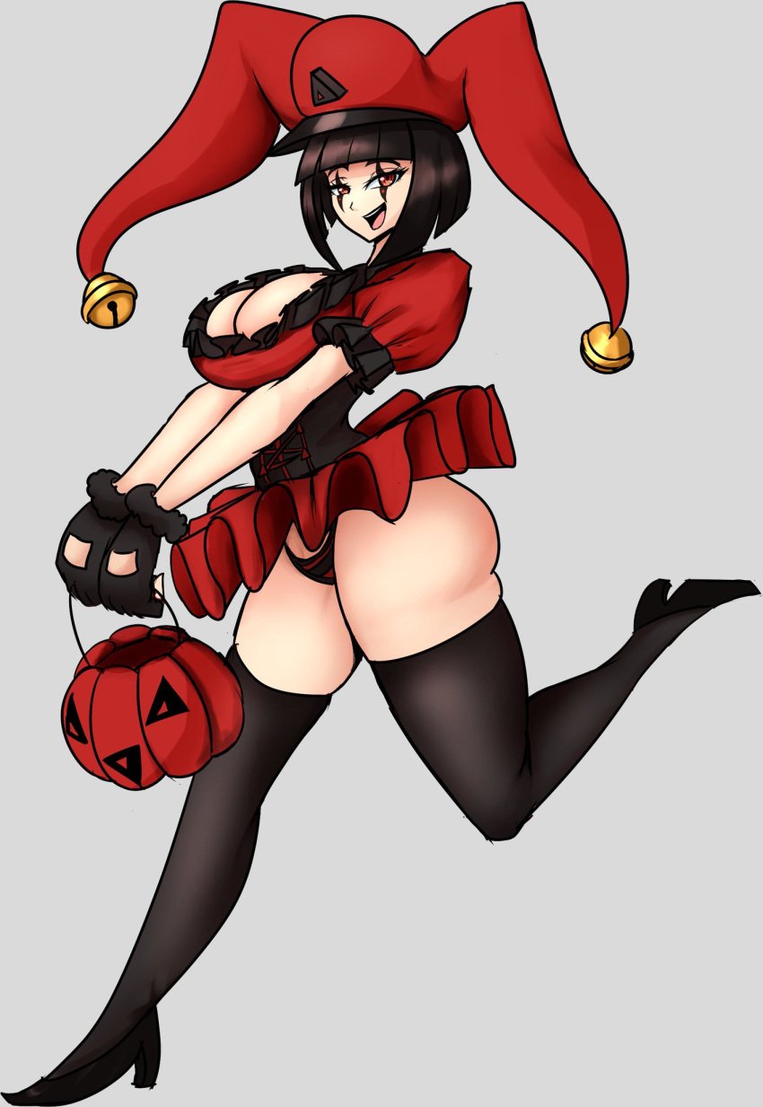 1girls black_hair desiredelta female female_focus female_only halloween jester light_skin looking_at_viewer mary_(desiredelta) original red_eyes