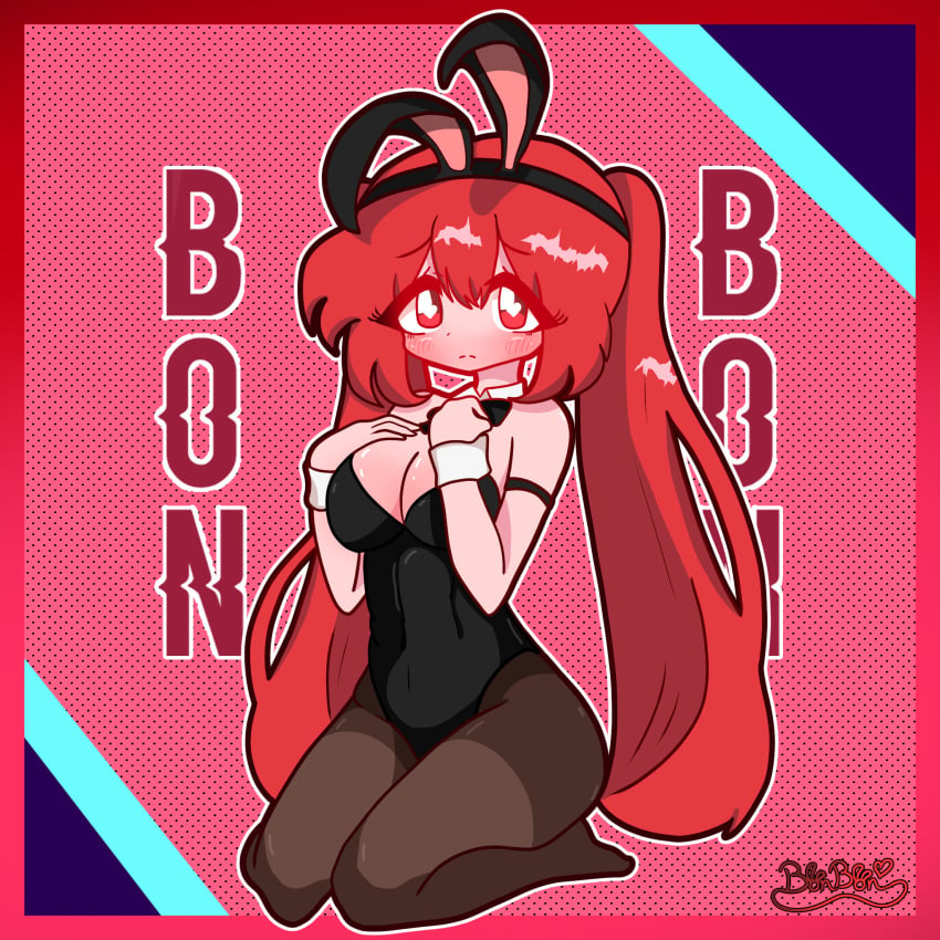 1girl baddie blush blushing blushing_at_viewer bonzomcbonbon breasts_squeezed_together bunny_ears bunnysuit red_eyes red_hair sfw tagme