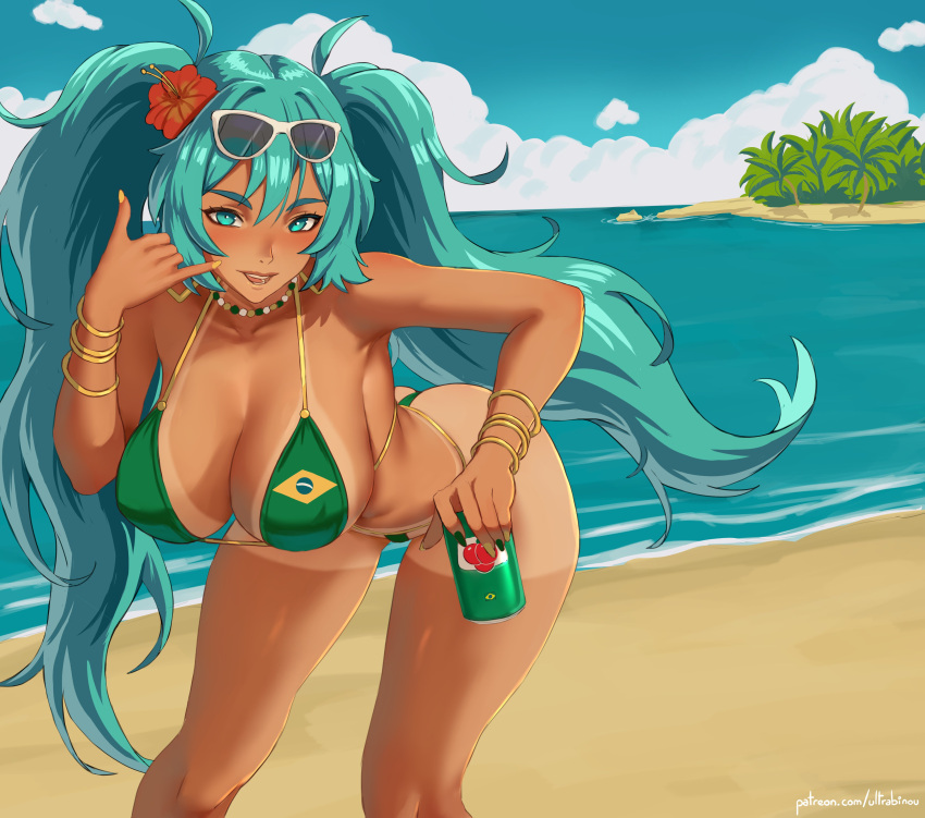 1girls 2024 absurdres artist_name ass beach bikini blue_eyes blue_hair bracelet brazil brazilian brazilian_female brazilian_flag brazilian_flag_bikini brazilian_miku breasts cleavage cyan_eyes cyan_hair devil_horns_(gesture) drink female female_only flag_bikini flag_print flower flower_in_hair green_bikini hair_flower hair_ornament hatsune_miku highres large_breasts latin_american_hatsune_miku_(meme) leaning_forward long_hair looking_at_viewer necklace open_mouth palm_tree sand sea solo solo_female sunglasses sunglasses_on_head tan-skinned_female tan_body tan_skin tanline ultrabinou very_long_hair vocaloid watermark