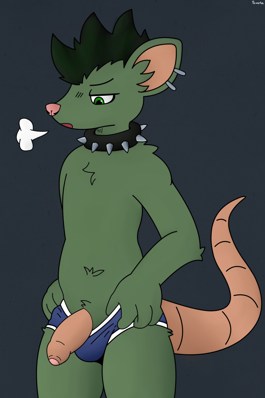 absurd_res anthro black_hair clothing collar foreskin genitals green_eyes green_hair hair hi_res long_tail male male_only mammal murid murine pawsta pawsta_(character) penis piercing rat rodent sigh solo solo_male spiked_collar spikes tail thick_tail underwear