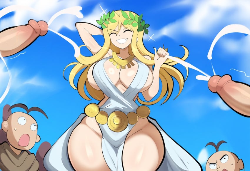 4boys ai_generated aphrodite aphrodite_(greek_mythology) big_penis blonde_hair cum cumshot curvaceous curvy dark-skinned_male dark_skin day deity divine_slut ejaculation european_mythology female goddess greek_clothes greek_female greek_mythology harem huge_breasts light-skinned_female light_skin mullon multiple_boys mythology novelai penis public_domain surprised wide_hips