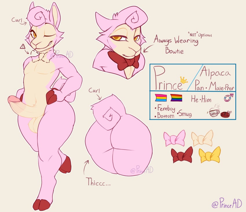 alpaca anthro ass big_butt bow_tie camelid curled_tail erection femboy fur hi_res hooves lgbt_pride llama male mammal model_sheet prince_ad prince_the_alpaca short_stack solo tail thick_thighs wool_(fur)