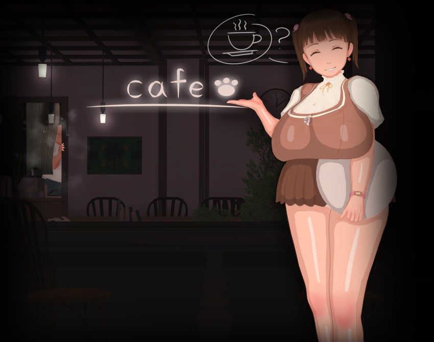 1boy 1girls 3d ? absurd_res absurdres big_breasts brown_hair closed_eyes coffee earrings emma_(vyrus_smith) english_text fat fat_man female hi_res high_resolution highres jewelry looking_at_viewer male original plate restaurant skirt speech_bubble thick_thighs tied_hair twintails uniform vyrus_smith when_you_see_it