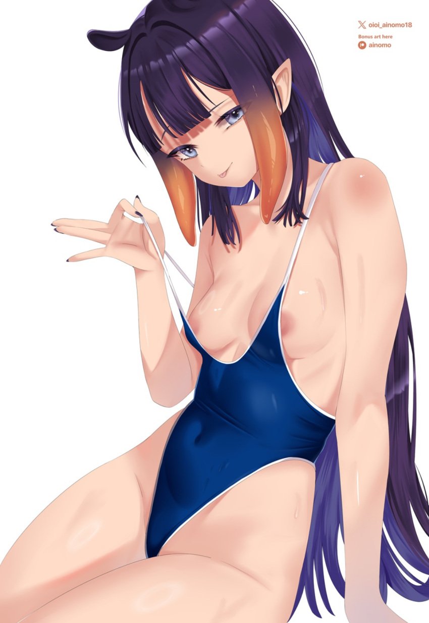 areolae blue_swimsuit hololive hololive_english hololive_myth ninomae_ina'nis oioi_ainomo pointy_ears school_swimsuit sideboob swimsuit tongue_out virtual_youtuber wet white_background