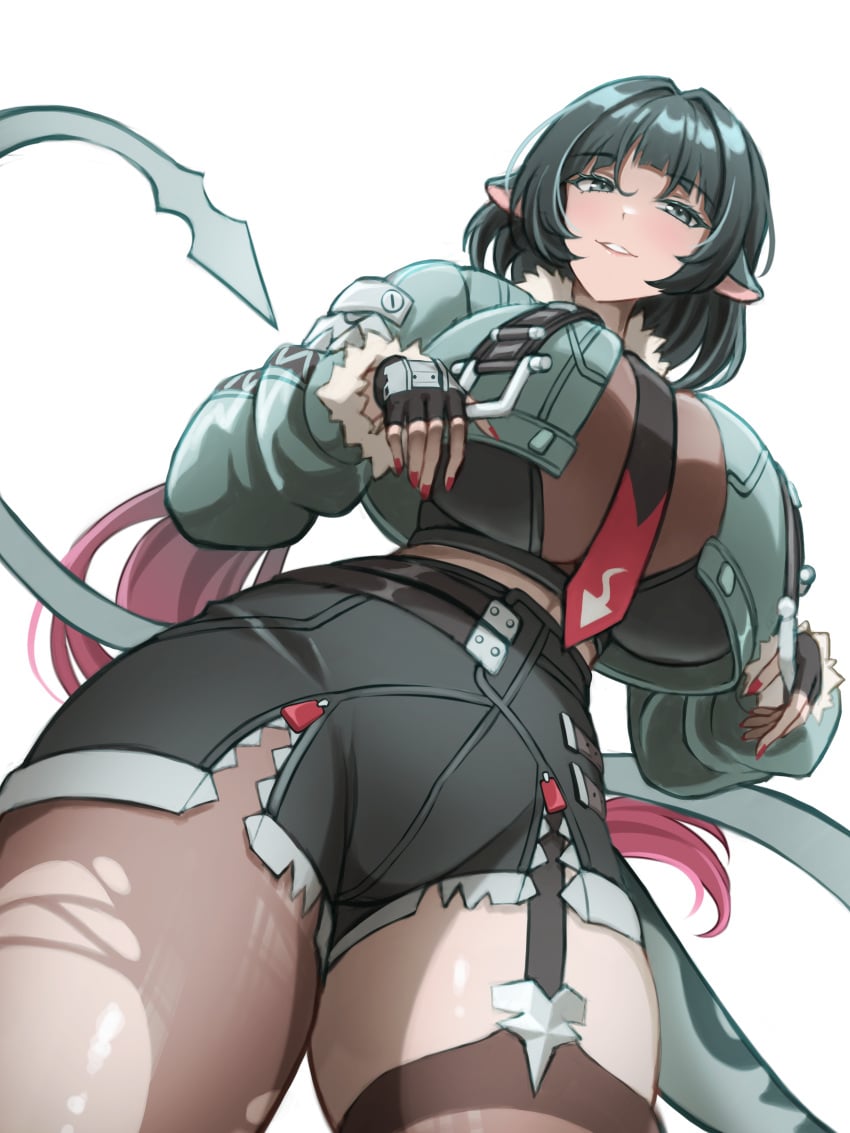 1girls absurdres animal_ears black_gloves black_pantyhose black_shorts black_thighhighs blunt_bangs breasts chantatou-hwi cowboy_shot female fingerless_gloves fingernails from_below gloves green_eyes green_hair green_jacket high-waist_shorts highres jacket jane_doe_(zenless_zone_zero) large_breasts long_hair looking_at_viewer mouse_ears mouse_girl mouse_tail multicolored_hair nail_polish pantyhose parted_lips red_hair red_nails shorts sidelocks simple_background single_leg_pantyhose single_thighhigh smile solo tail thighhighs thighs torn_clothes torn_pantyhose torn_thighhighs two-tone_hair white_background zenless_zone_zero