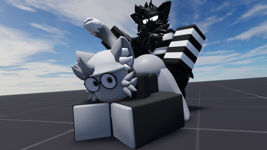 2boys 3d baseplate bent_over bink_(binkedinked) binkedinked black_fur bottomless feline furry gay grey_fur imminent_sex looking_at_viewer roblox robloxian scribles_(binkedinked) tagme tail