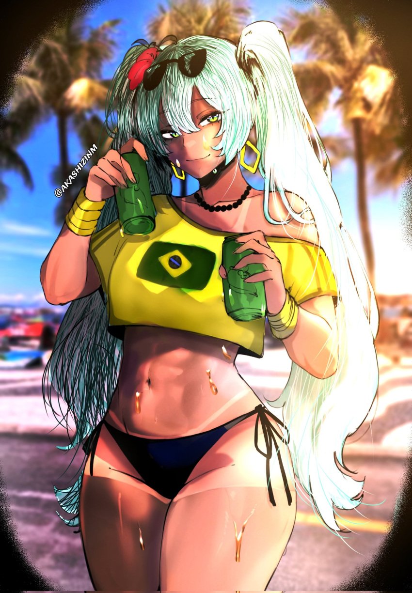 1girls ass big_ass big_thighs bikini brazil brazilian brazilian_female brazilian_miku breasts can color color_edit cyan_eyes cyan_hair edit female female_only hatsune_miku holding_object huge_ass huge_thighs latin_american_hatsune_miku_(meme) long_hair looking_at_viewer masoq095 medium_breasts shirt shorts solo sweat sweatdrop sweating tan tan_body tan_line tan_lines tanline tanlines thick_hips thick_thighs thighs thong twintails vocaloid