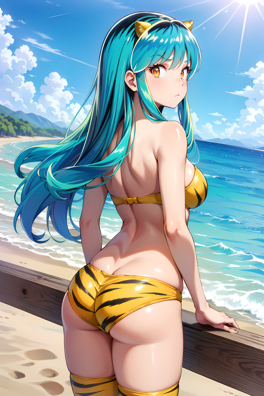 1female 1girls ai_generated ass beach breasts commentary_request english_commentary female female_only hi_res highres light-skinned_female light_skin lum mixed-language_commentary rear_view solo solo_female urusei_yatsura very_high_resolution