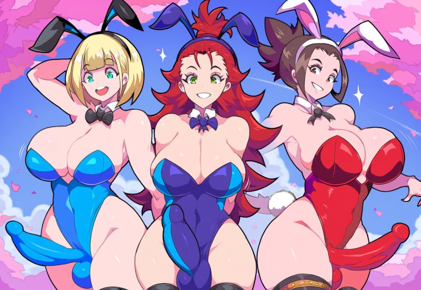 3futas ai_generated big_penis blonde_hair brown_hair bunny_ears bunnysuit erection futa_only futanari large_breasts long_hair mullon novelai penis playboy playboy_bunny playboy_bunny_leotard red_hair short_hair smile thick_thighs