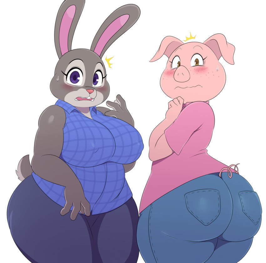 2girls anthro ass big_ass big_breasts big_butt blush bonnie_hopps breasts chubby clothed clothing crossover disney erect_nipples erect_nipples_under_clothes female large_breasts mature_female mature_woman open_mouth overweight overweight_female porcine purple_eyes rabbit rosita_(sing) sing_(movie) sssonic2 sweat teeth thick_thighs wide_hips zootopia