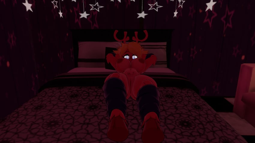 anthro antlers arm_warmers bed blue_eyes breasts brown_body brown_fur cryptiacurves deer deltarune female fully_nude hooves leg_warmers lying_on_back lying_on_bed nipples noelle_holiday on_back on_bed thick_thighs vrchat