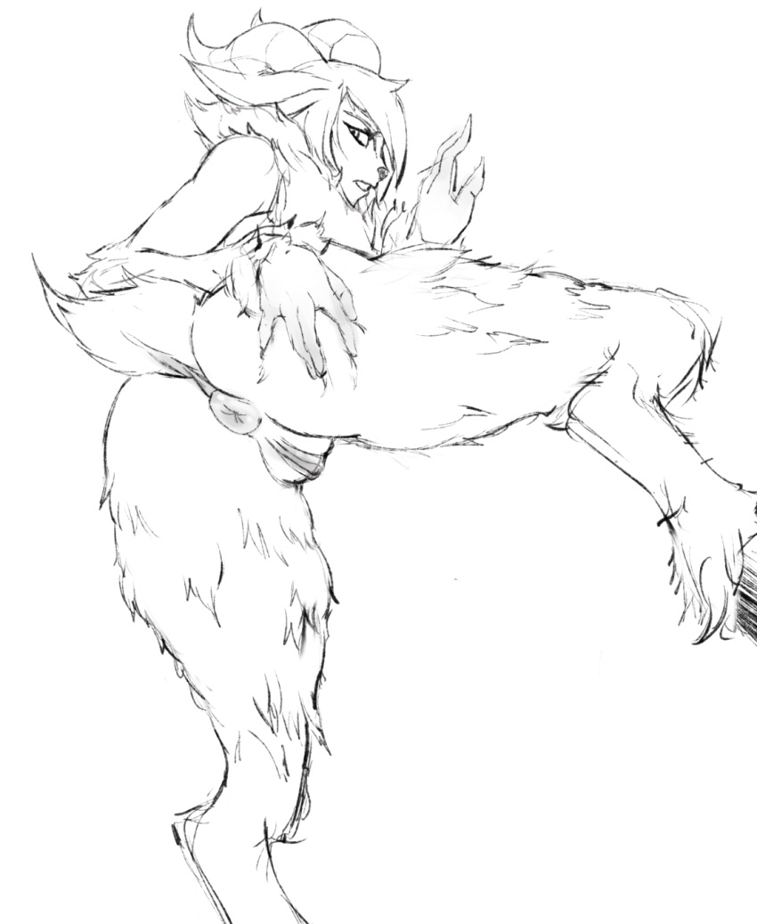 5_fingers anus ass faun female fingers fur genitals hair hand_on_butt hi_res hooves horn humanoid monochrome nude on_one_leg presenting presenting_hindquarters puffy_anus pussy simple_background solo standing tagme tail unknown_artist white_background